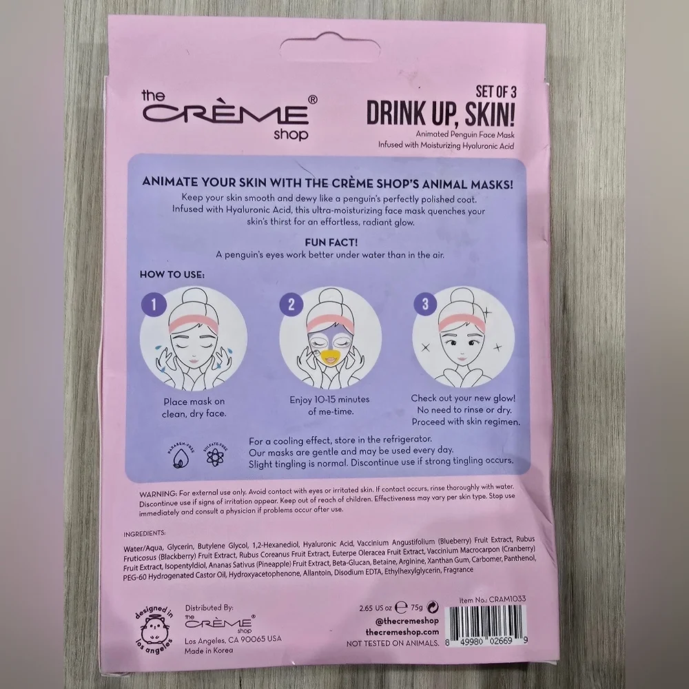 The Crème Shop Face Mask Drink Up Skin Hyaluronic Acid Penguin Korean Beauty 3x